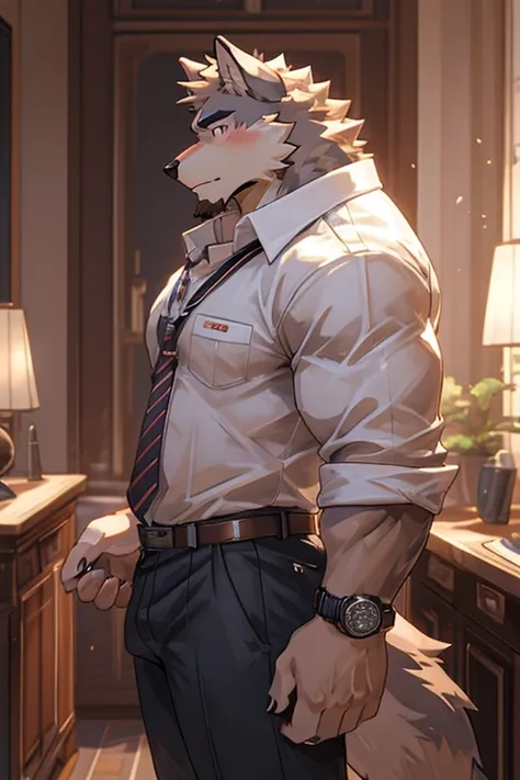 wolf, big muscular, white shirt, 1boy, white shirt, upper body, male focus, collared shirt, pants, look to side, pectoral muscles,  watch, wolf ears, beard, blush cool face, handsome, black high-vis jacket.