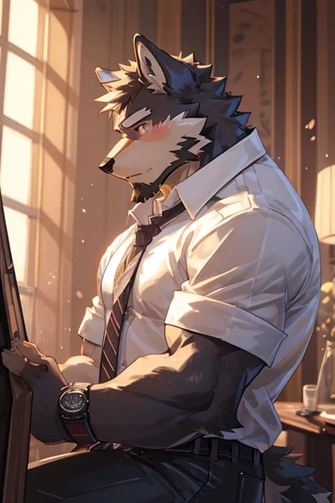 wolf, big muscular, white shirt, 1boy, white shirt, upper body, male focus, collared shirt, pants, look to side, pectoral muscles,  watch, wolf ears, beard, blush cool face, handsome, black high-vis jacket.