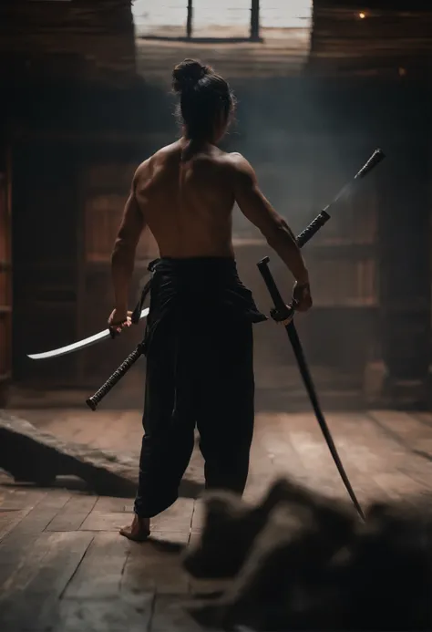 Black ninja with traditional black pants mask Knot and without hoddy with nude ripped back body and long katana in both hands in traditional ninja room open hands photo destroyed room some body ly down open hands holding a katana in both open hands , photo...