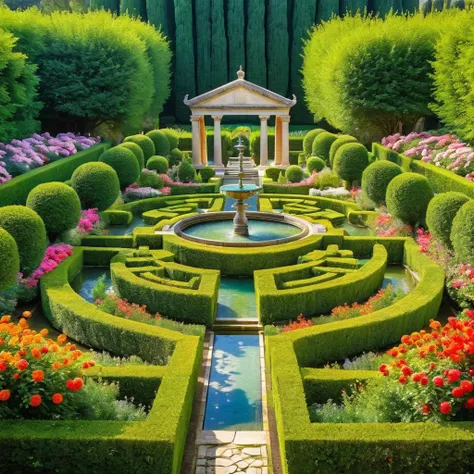 ((symmetrical:1.5))，(centered symmetrical composition:1.5)，the art of symmetry in an ancient garden，in the center is an exquisit...