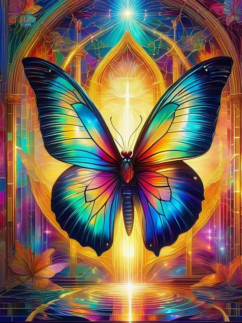 ((Symmetrical:1.5))，((Butterfly in beautiful church，Perfectly symmetrical stained glass window)), (Centered symmetrical composition)，Religious atmosphere，sacred tranquility，intricate details，peaceful atmosphere，calm expression，graceful posture，sacred silen...