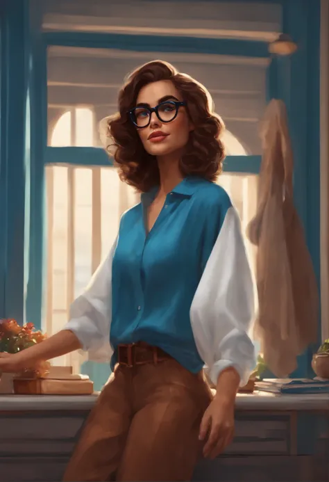 criar  no estilo pixar, um homem alto e magro, pele parda, cabelos crespos, com uma camisa azul e uma.lmulher  branca sorrindo, straight hair with glasses on the head