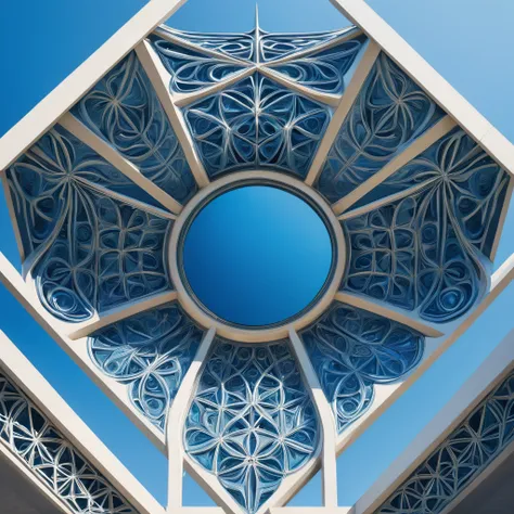 Symmetry, aesthetic, extremely detailed, symmetrical, Stunning, premium, Illustration, mid shot, Symmetry, intrigued, in the center, geometric patterns, symmetrical design, modern architecture, clear blue sky, natural light, high-resolution, authentic, min...