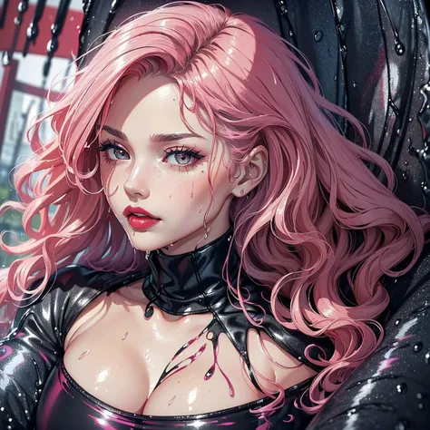 (Best quality, 4K, tmasterpiece :1.Beutiful women, 1 Sister, (, attractive body :1.2), Abs :1.1, pink hair: 1.1, long curly hair (rainy wet, wet from rain, Soaked :1.2), The face very detailed, detailed lips, detailed eyes, double eyelid, red lipstick.