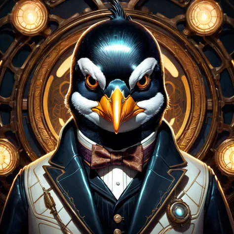 symmetry, aesthetic, extremely detailed, symmetrical, symmetry portrait of penguin from bioshock, vintage, sci-fi, tech wear, gl...