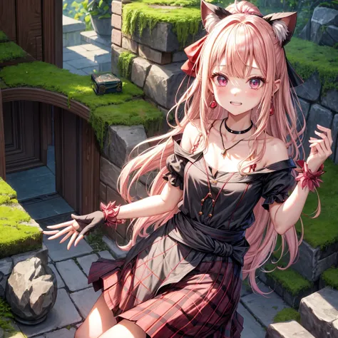 pink blonde、red eyes、one good looking girl、solo、anime、plaid mini skirt、the skirt has buttons、black camisole、black t-shirt、dress、wearing a ribbon、ribbon at waist、cloak、hood、stone slabs are piled up、crystal earrings、monster castle、jewelry necklace、Light and ...