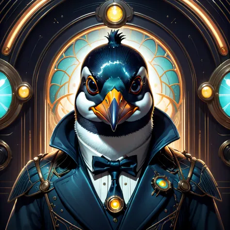 symmetry, aesthetic, extremely detailed, symmetrical, symmetry portrait of penguin from bioshock, vintage, sci-fi, tech wear, gl...