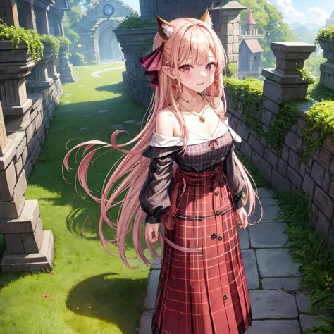 pink blonde、red eyes、one good looking girl、solo、anime、plaid mini skirt、the skirt has buttons、black camisole、black t-shirt、dress、wearing a ribbon、ribbon at waist、cloak、hood、stone slabs are piled up、crystal earrings、monster castle、jewelry necklace、Light and ...