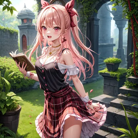 pink blonde、red eyes、one good looking girl、solo、anime、plaid mini skirt、the skirt has buttons、black camisole、black t-shirt、dress、wearing a ribbon、ribbon at waist、cloak、hood、stone slabs are piled up、crystal earrings、monster castle、jewelry necklace、Light and ...