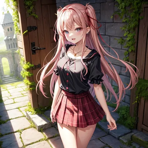 pink blonde、red eyes、one good looking girl、solo、anime、plaid mini skirt、the skirt has buttons、black camisole、black t-shirt、dress、wearing a ribbon、ribbon at waist、cloak、hood、stone slabs are piled up、crystal earrings、monster castle、jewelry necklace、Light and ...