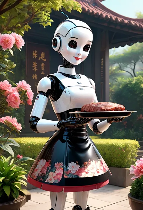 qingdao qifeng customs,  the robot butler is grilling meat in a retro floral skirt., the head is equipped with a high-definition...