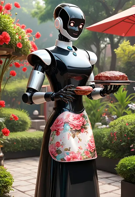 qingdao qifeng customs,  the robot butler is grilling meat in a retro floral skirt., the head is equipped with a high-definition...