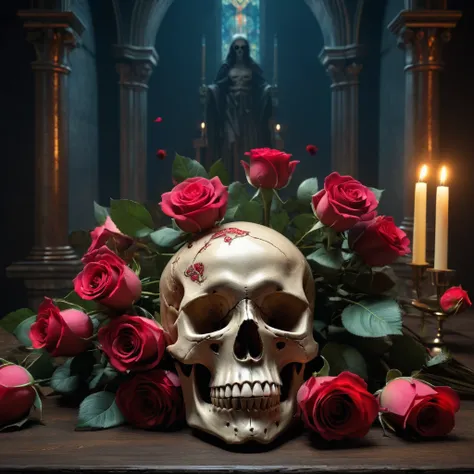 (Best Quality,8K resolution,High resolution,masutepiece:1.2),Ultra-detailed,Realistic Skull,detailed corpse,Bouquet of roses,dark background with altar,melancholy lighting,Horror-themed,Solid color palette