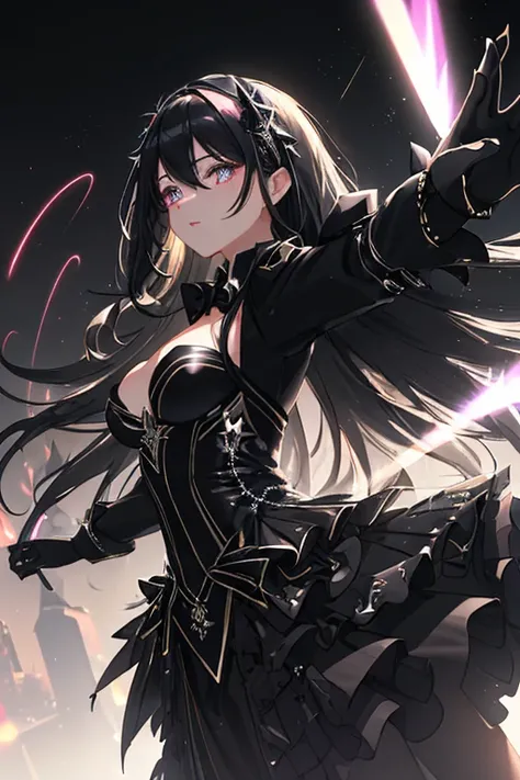 (masterpiece,best quality,ultra detailed:1.2), (Lens Flare,Neon-light-effect:1.3), Jet black night sky, (dynamic angle, dynamic pose:1.2), Beautiful and divine fallen angel beauty, (Four wings, black as jet black, spread wide:1.2), Long gray hair, delicate...