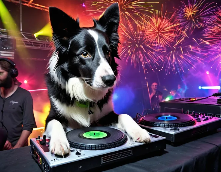 Border collie as DJ at rave party, Seamus, progressive, prog