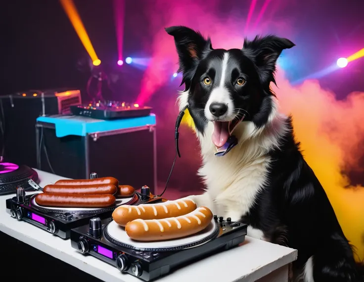 Border collie as DJ at rave party, eating sausages