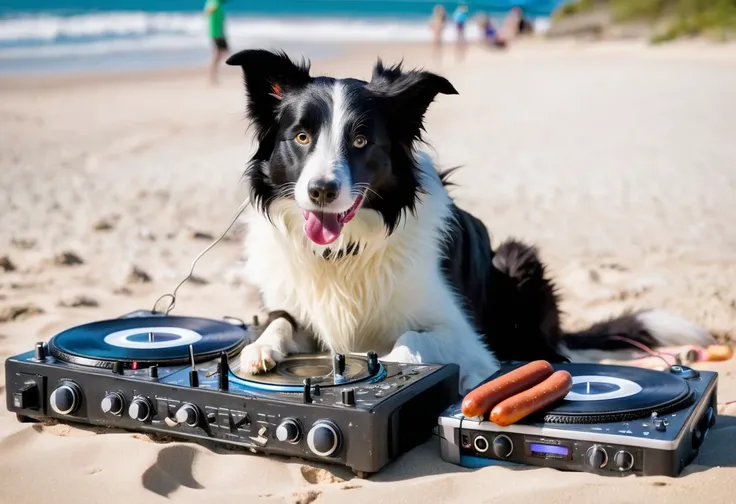 Border collie as DJ at a nude beach, eating sausages