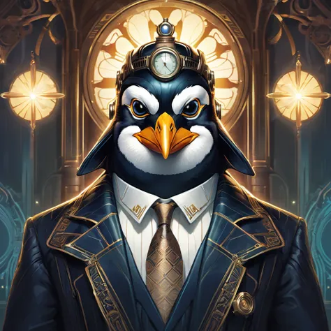 symmetry, aesthetic, extremely detailed, symmetrical, symmetry portrait of penguin from bioshock, vintage, sci-fi, tech wear, gl...