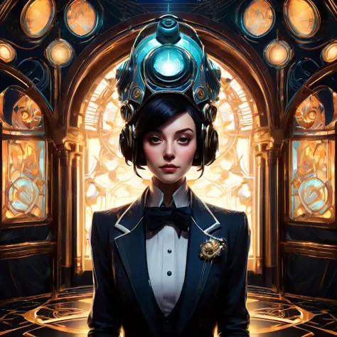 symmetry, aesthetic, extremely detailed, symmetrical, symmetry portrait of penguin from bioshock, vintage, sci-fi, tech wear, gl...