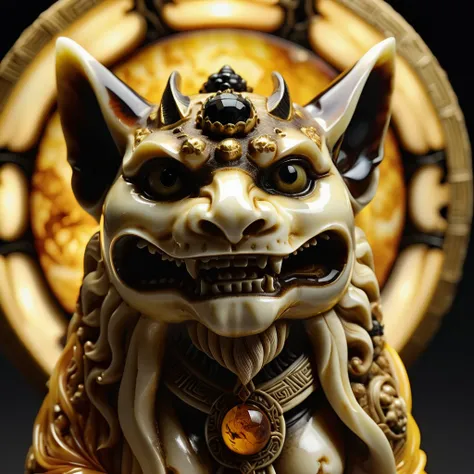 Amber, ivory, and ebony netsuke statuette depicting the Good God of Evil Deeds, hyperrealistic details with 32k resolution, centered composition adhering to symmetry, intricate designs illuminated by volumetric lighting, rich deep color palette, ultra-shar...