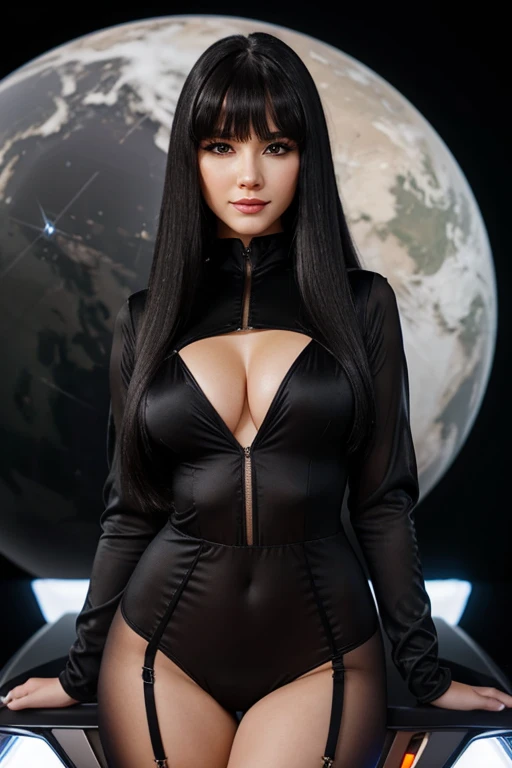 best quality, 8k, woman, beautiful,  big eyelashes, black straight long hair, bangs, looking to observer, little smile, cleavage, retro futurism black space sheer suit, white neutral scenario