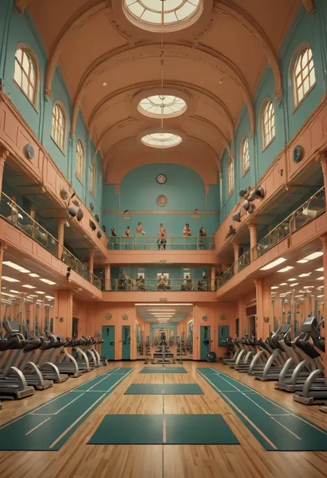 Symmetry, symmetrical, Gym, by Wes Anderson, best quality, masterpiece, high details, Ultra intricate detailed