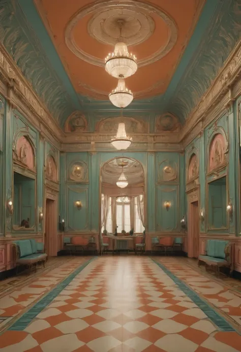 Symmetry, symmetrical, ballroom, by Wes Anderson, best quality, masterpiece, high details, Ultra intricate detailed