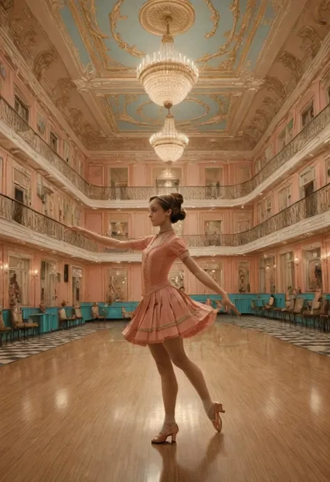 Symmetry, symmetrical, ballroom, dancing girl, by Wes Anderson, best quality, masterpiece, high details, Ultra intricate detailed