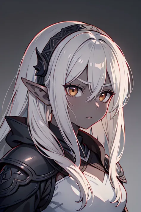 ((young drow female)), white hair, ((brown eyes)), small breasts, athletic, ((dark grey skin color)), female, sly expression, el...