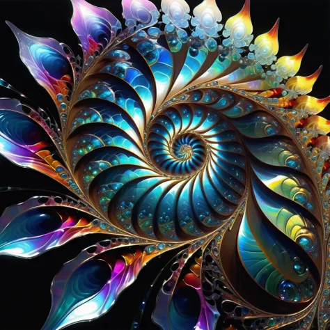 Optical illusion featuring ZIA Zen art, symmetry emanating from the center with a fractal spiral, upper dew fangs showcased, textures of iridescent and luminescent scales, broken glass effect, mythical being exuding energy at a molecular level, no backgrou...