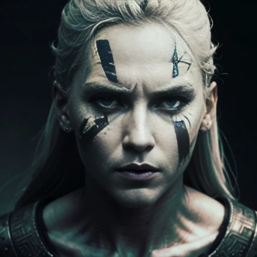 A Caucasian woman with a triangular face in her 30s, portraying determination, is the main subject of the image. She embodies a Viking warrior standing on a battlefield, occupying the center of the image. The image should have a cinematic feel, resembling ...