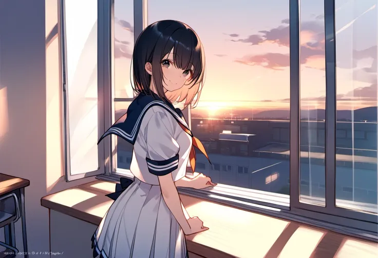 1girl, black hair、black eye、sailor suit、japanese、classroom、sunset、emotional、stand near the window、standing pose、look at me and s...