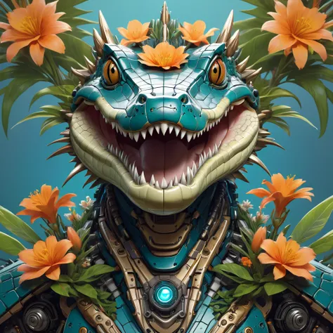 symmetry, aesthetic, extremely detailed, symmetrical, symmetry!! portrait of a robot crocodile, floral! horizon zero dawn machin...