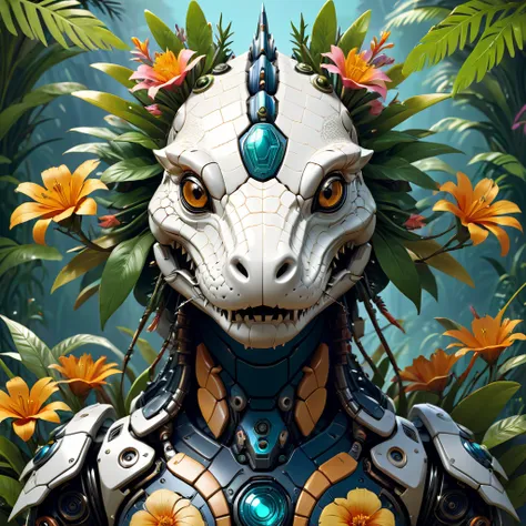 symmetry, aesthetic, extremely detailed, symmetrical, symmetry!! portrait of a robot crocodile, floral! horizon zero dawn machin...