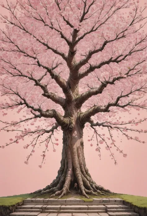 Symmetry, symmetrical, Cherry blossom tree, by Wes Anderson, best quality, masterpiece, high details, Ultra intricate detailed