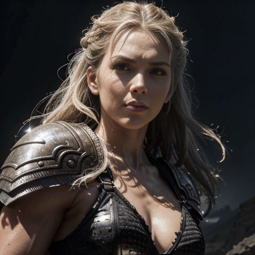 ultra-detailed, (photorealistic: 1.37), Caucasian woman, triangular face, Viking, warrior, center of image, Cinematic: black and white image, strong character, fierce expression, muscular physique, long flowing hair, thick braids, fur cape, armor worn in b...