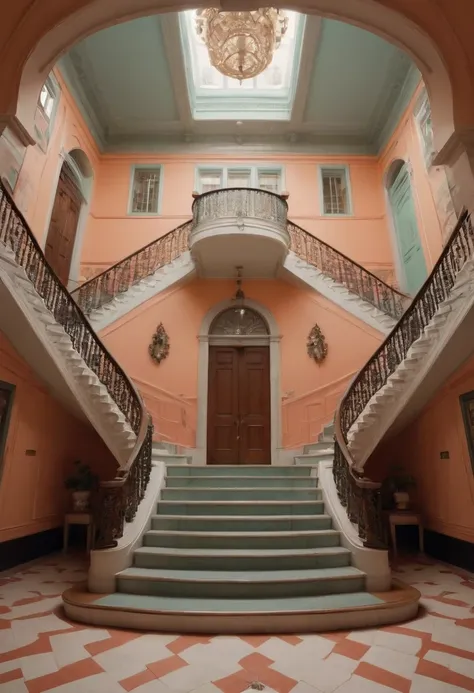 Symmetry, symmetrical, staircase, by Wes Anderson, best quality, masterpiece, high details, Ultra intricate detailed