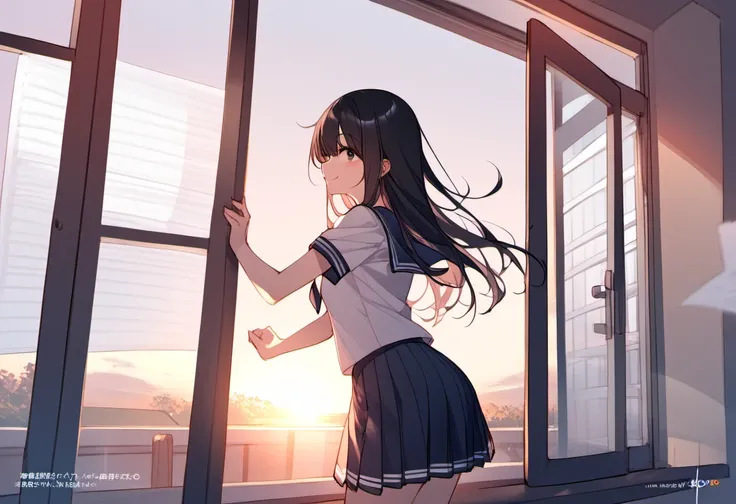 1girl, black hair、black eye、sailor suit、Japanese、classroom、sunset、emotional、stand near the window、standing pose、Look at me and smile、Backlight、smile、fluttering in the wind、the window is open、An unbroken masterpiece