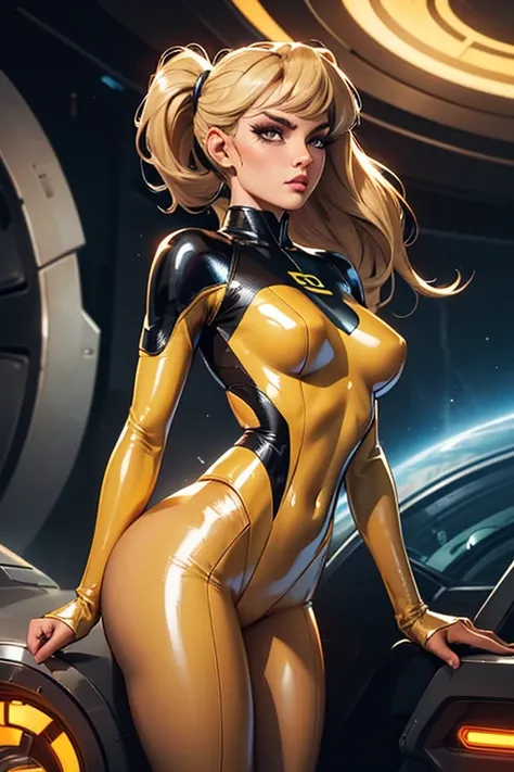 Best quality, 8K, woman retro super hero futurism, beautiful and detailed face, black straight long hair, bangs,big eyelashes,LOOKING TO observer,ponytail,BLONDE hair,TRANSPARENT BEIGE LATEX BEIGE CATSUIT, metalic details, LIGHT BROWN TAN pantyhose, sheer ...