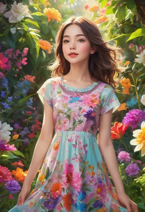 A cute girl with open legs, beautiful detailed eyes, and lips, wearing a colorful dress, standing in a vibrant garden with blooming flowers. The girl has a joyful expression on her face, and her long eyelashes add to her charm. The scene is captured in a v...