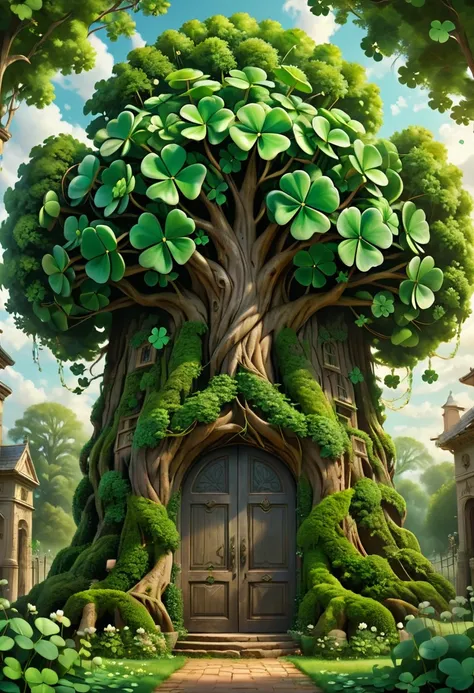 Symmetry, A colossal four-leaf clover tree stands tall, a door At the base of this magical tree, (best quality, masterpiece, Representative work, official art, Professional, high details, Ultra intricate detailed:1.3)