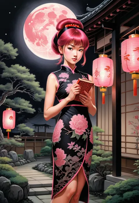 Symmetry front view of a girl holding a shoji lamp in the night outside a japanese pavillon, black and pink cheongsam, red hairband, garden, crescent moon, 1990s (style), traditional media, retro artstyle, graphic novels illustration, cross hatching, (best...