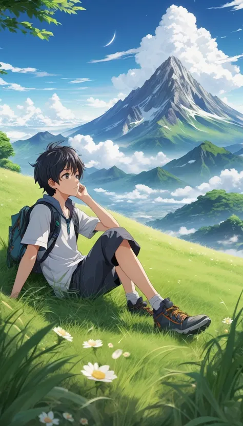 An anime boy character relaxing in grass and looking at sky and images containing mountain and nature material etc