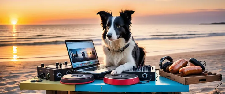 Border collie as DJ at a nude beach, turntables, laptop, headphones, sausages, sunset