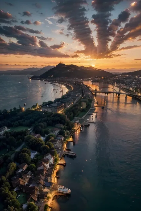 Beautiful sunset photography，Swiss town in the evening，Burning clouds，Orange sunset，Reflection of the sea surface，Clear sea，Stunning vision，Shocking real，HD ultra-wide angle，Panoramic Ultra HD，8k，realisticlying，A high resolution，Landscape photography