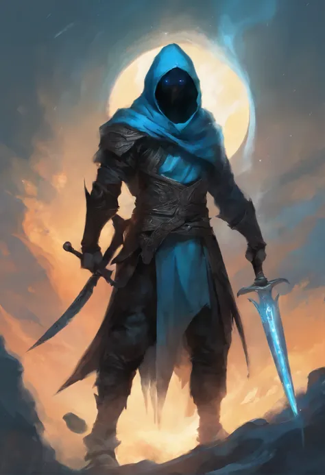 stocky man, blue hair, black eyes, slightly white skin, wearing a plain black t-shirt, wrapped in a white middle black hoodie with open head , black pant , mixed black and white shoes, cold expression, wielding full pitch black sword