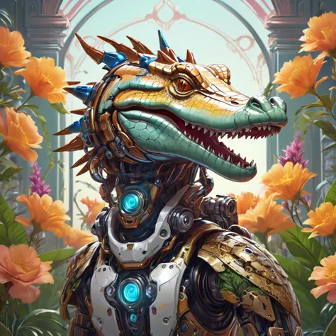 symmetry, aesthetic, extremely detailed, symmetrical, symmetry!! portrait of a robot crocodile, floral! horizon zero dawn machin...