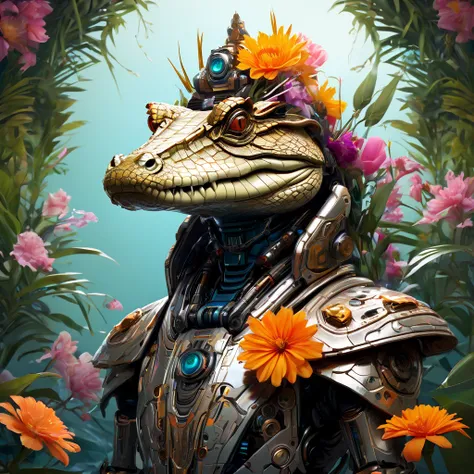 symmetry, aesthetic, extremely detailed, symmetrical, symmetry!! portrait of a robot crocodile, floral! horizon zero dawn machin...