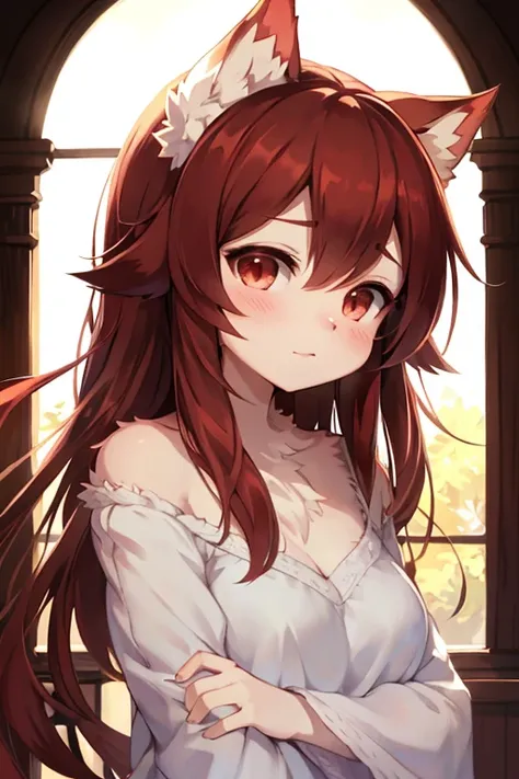 Hairy hair，white fur，super cute face，fur red elements，beautiful light and shadow，ambient light，Very fine fur，volume light，one girl, anime