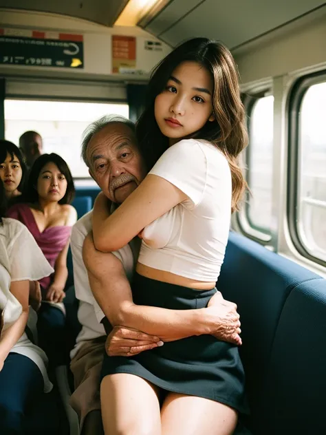 crowded train, cute japanese girl, Dirty old man hugs her breasts from behind、talking in my ear, Sit her on your lap, 白いmini skirtの裾が上に捲れ上がる,A man places his hand on the inside of a woman&#39;s thigh, 40k, photograph, masterpiece, highest quality, (1 A gir...